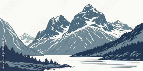Majestic snow-capped mountains rise above a serene, misty valley in this breathtaking landscape. Vector