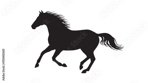 Horse silhouette running with flowing mane and tail, vector graphic icon for freedom and power. featuring galloping, black, white with symbol and art