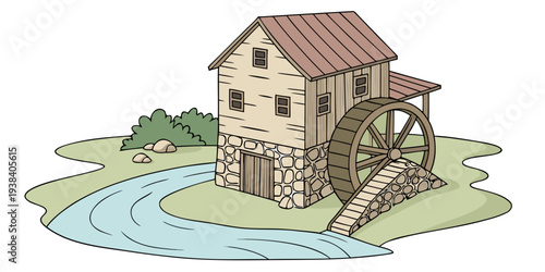 A charming countryside house nestled by a serene river, surrounded by lush greenery. Vector
