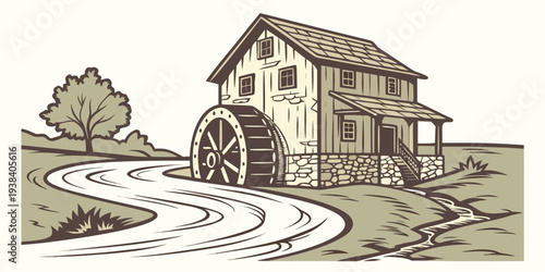 A picturesque countryside house with a barn and a windmill in the background. Vector