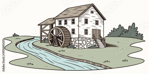 A picturesque house situated on a hillside with a flowing stream nearby. Vector