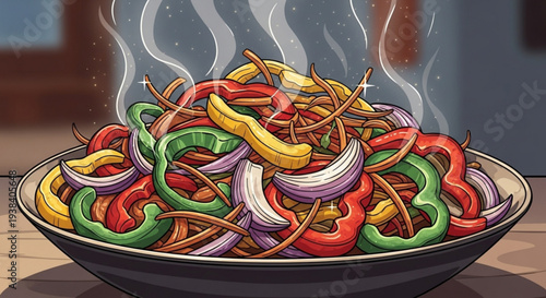 Sizzling colorful bell peppers and onions in a bowl vibrant illustration steaming hot fresh ingredients culinary delight kitchen scene