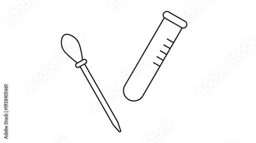 Pipette and test tube outline simple icons for science and chemistry laboratory experiments featuring experiment, research, education with equipment