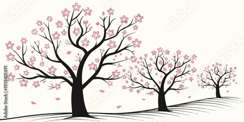 Three bare trees with pink blossoms standing on a hillside with a sunset in the background Vector