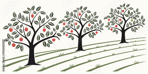 A serene landscape featuring a row of bare trees on a hillside. Vector