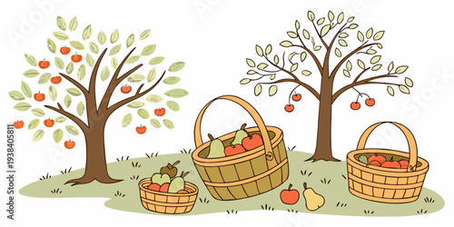 A serene autumn scene with trees, pumpkins, and a cozy atmosphere Vector