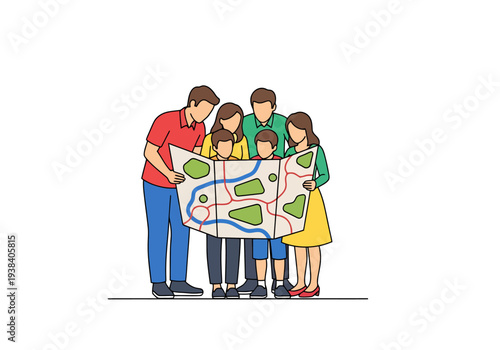 Family Planning Vacation Destination Using Paper Map for Travel Route Discovery and Adventure Exploration Together