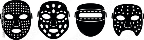 Vector Set of Vintage Hockey Goalie Mask Icons, Black Silhouette Goaltender Equipment for Sports