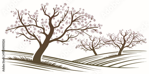 A serene landscape of barren trees standing tall on a grassy hillside Vector