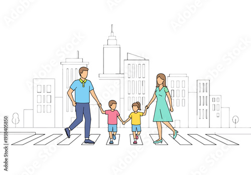 Happy family with two children crossing street safely on a pedestrian walkway in a modern city skyline background simple line art style