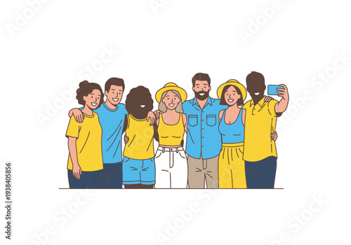 Diverse group of friends posing for a selfie outdoors on a sunny day capturing a moment of joy and togetherness with a mobile device