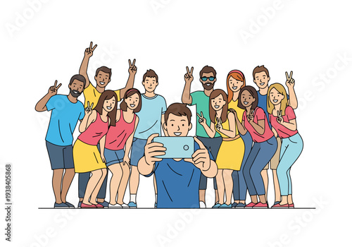 Diverse group of friends posing for a picture taking selfie together with mobile device outdoor activity concept