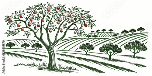 A serene landscape with a single tree standing tall on a hillside Vector