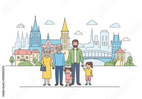 Multi Generational Family Poses Together Outdoors With City Skyline Background Flat Design Style Outdoor Scene