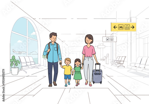 Family Walking Together Through Modern Airport Terminal Preparing For Travel Adventure Vacation Trip With Luggage And Suitcase Ready For Departure
