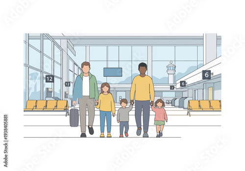 Diverse family walking together in a modern airport terminal with luggage and seating areas