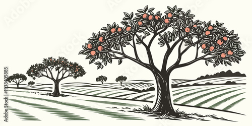 A serene landscape with three trees standing tall on a gentle hillside. Vector