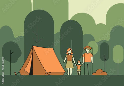 Family camping adventure outdoors amidst lush green forest trees and vibrant tent lifestyle exploration leisure fun recreation nature discovery