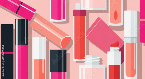 Collection of vibrant lipsticks and lip glosses in various shades of pink and orange arranged on a soft pastel background