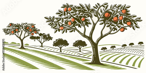 A serene landscape with a winding path surrounded by lush green trees and grass Vector