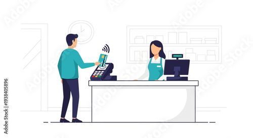 Man paying with card at counter.