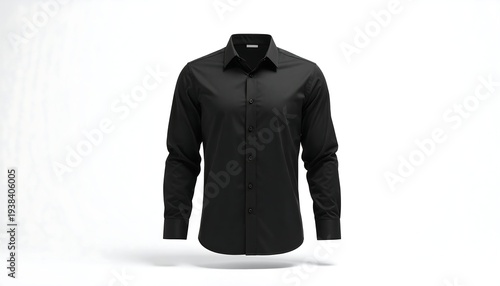 Black dress shirt, long-sleeved, on a bright white background, neatly folded