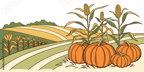 A vibrant autumn scene with pumpkins in a field and a clear blue sky overhead. Vector