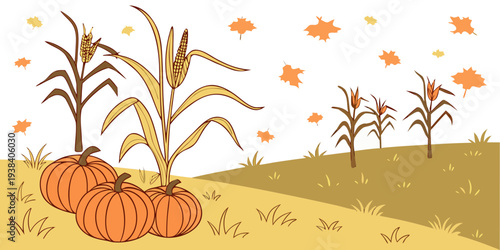 A vibrant autumn scene with pumpkins and cornstalks in a field with falling leaves Vector