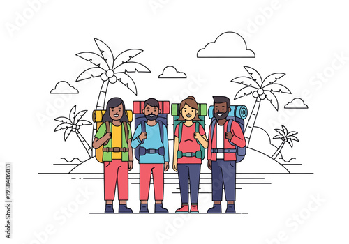 Diverse Group Of Backpackers With Large Rucksacks Stand Together On Tropical Island With Palm Trees And Clouds