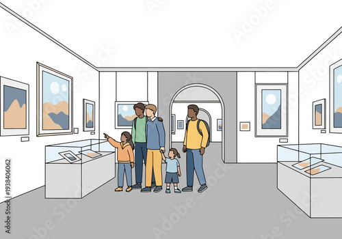 Diverse family enjoys cultural exhibition viewing art and artifacts in a modern gallery space learning together about history and creativity