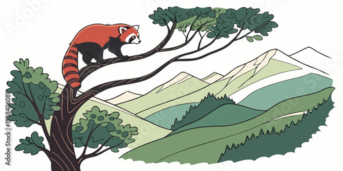 A vibrant red bird perched on a branch overlooking a lush green valley. Vector