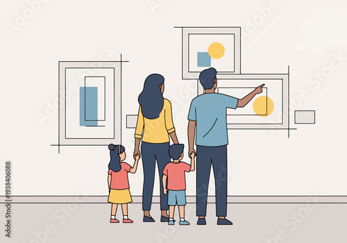 Family views modern abstract art exhibition in museum gallery with paintings on wall exploring culture and education learning together indoors
