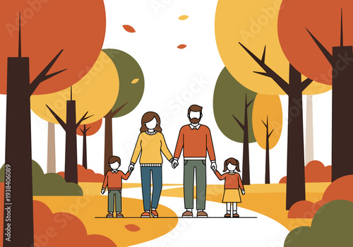 Happy family of four walking hand in hand on a path through a colorful autumn park surrounded by trees and fallen leaves during the fall season