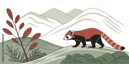 A majestic brown bear roaming through a serene mountain landscape with lush greenery. Vector