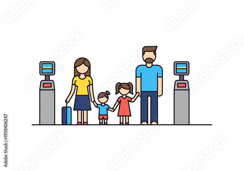 Family With Children Standing Between Two Ticket Gates Ready For Travel Or Entry Into Entertainment Venue Vacation Journey Leisure Activities