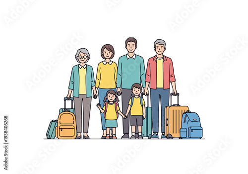 Multi Generation Family Standing Together With Luggage Ready For Vacation Adventure Or Journey On White Background