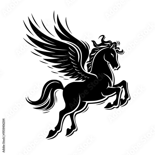 Majestic black pegasus flying with powerful wings spread