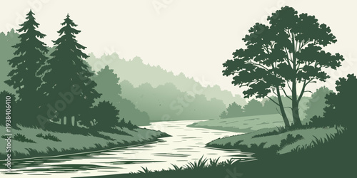 A serene landscape featuring a tranquil stream winding through a lush forest Vector