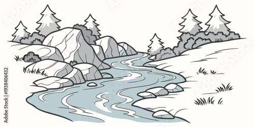 A detailed illustration of a mountainous landscape with a winding river and lush vegetation Vector