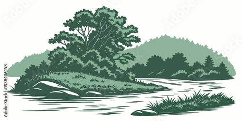 A serene landscape featuring a lush green tree on a gentle hillside Vector