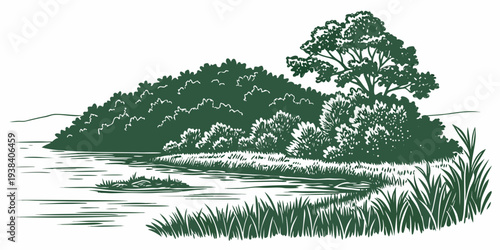 A serene landscape with a small island and a single tree in the middle of a calm body of water Vector