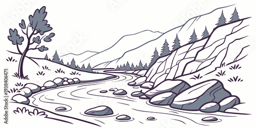 A serene landscape with a winding river and distant mountains under a clear sky Vector