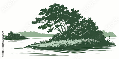 A serene landscape featuring a large tree with lush green foliage on a hillside Vector