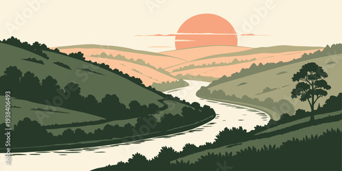Sunset over a winding river valley surrounded by lush green trees and distant mountains Vector