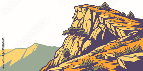 A majestic mountain peak rises above a vast, sunlit valley in this captivating landscape. Vector