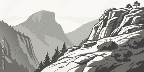 Majestic mountain range with snow-capped peaks and deep valleys in black and white Vector