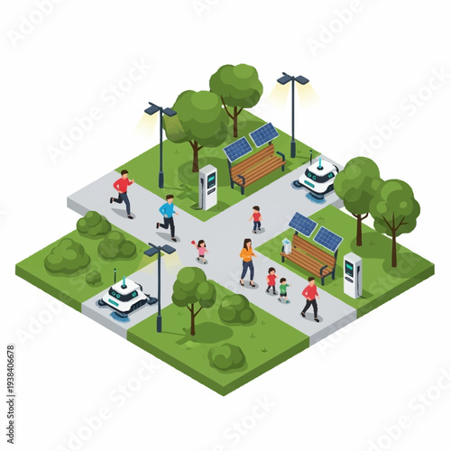 Eco-friendly park with solar powered amenities and people enjoying activities.