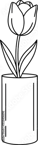 Simple line art drawing featuring a single tulip flower blooming inside a modern cylindrical vase