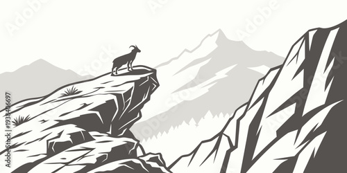 A majestic mountain landscape with a lone tree standing on a rocky cliff. Vector