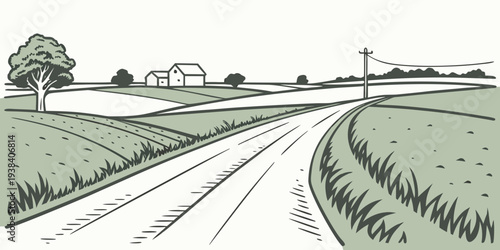 A picturesque countryside scene with a winding road leading towards a distant farmhouse. Vector